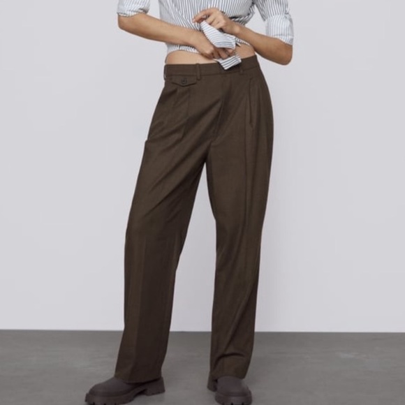 Zara Pleated Dress Trouser Pants Brown Size Large - Picture 2 of 15